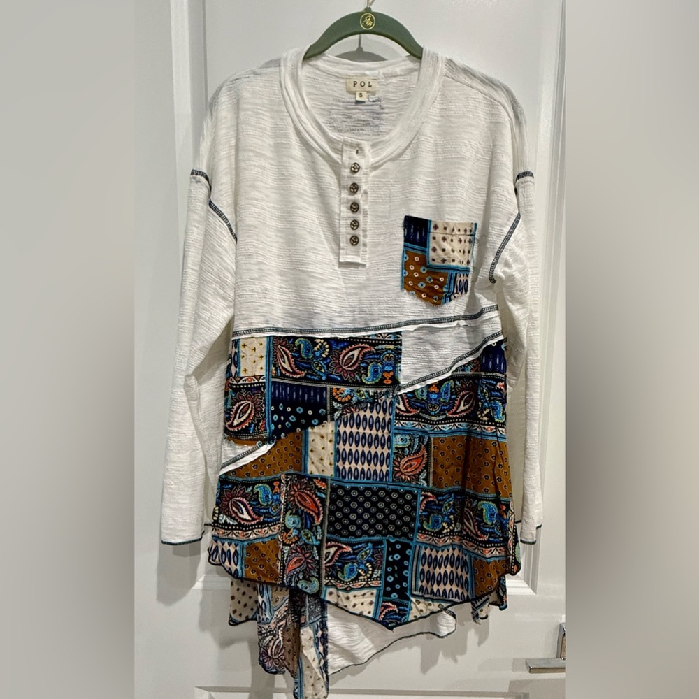 POL Multicolor Patchwork Long Sleeve Top NEW